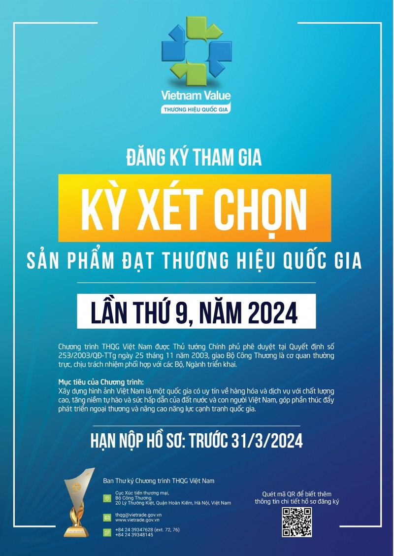 Đăng ký tham gia xét chọn sản phẩm đạt Thương hiệu quốc gia Việt Nam lần thứ 9 năm 2024